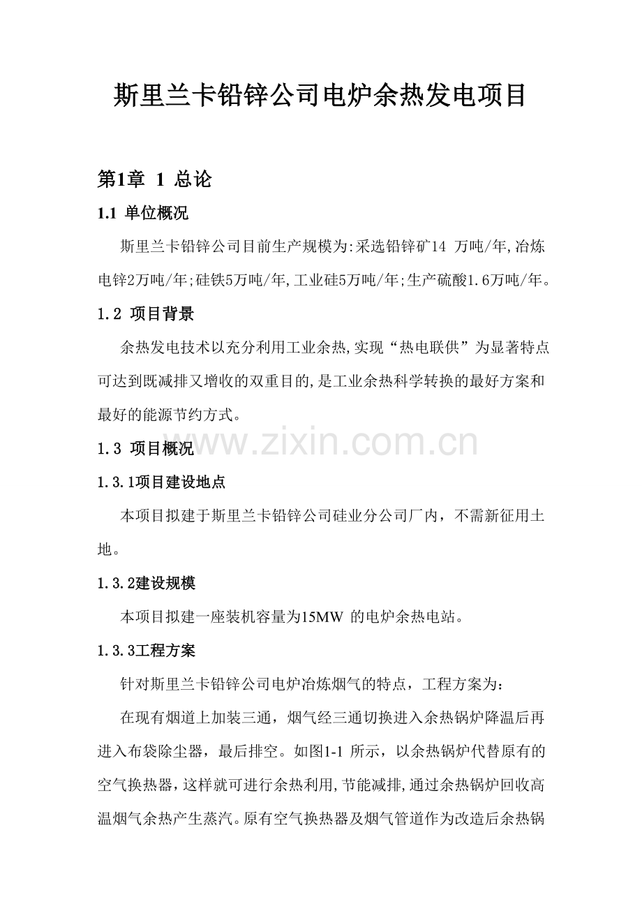 斯里兰卡铅锌公司电炉余热发电项目建设投资可行性分析论证报告.doc_第1页