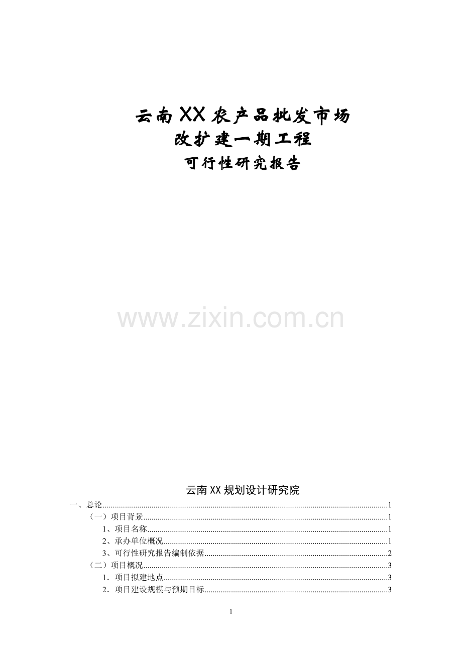 云南xx农产品批发市场改扩建一期项目可行性研究报告.doc_第1页