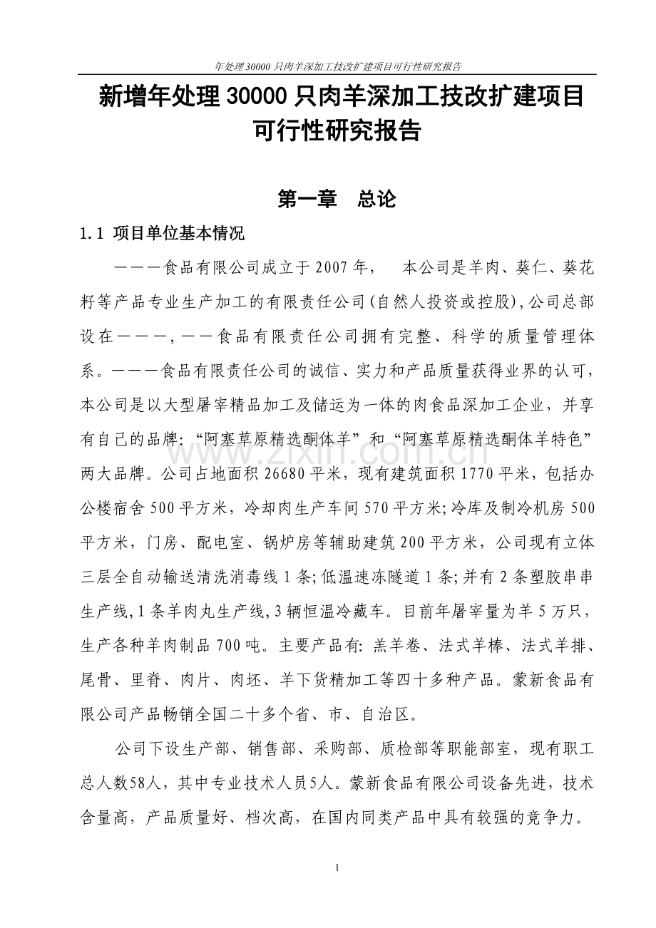 年处理30000只肉羊深加工技改扩建项目可行性研究报告.doc_第1页