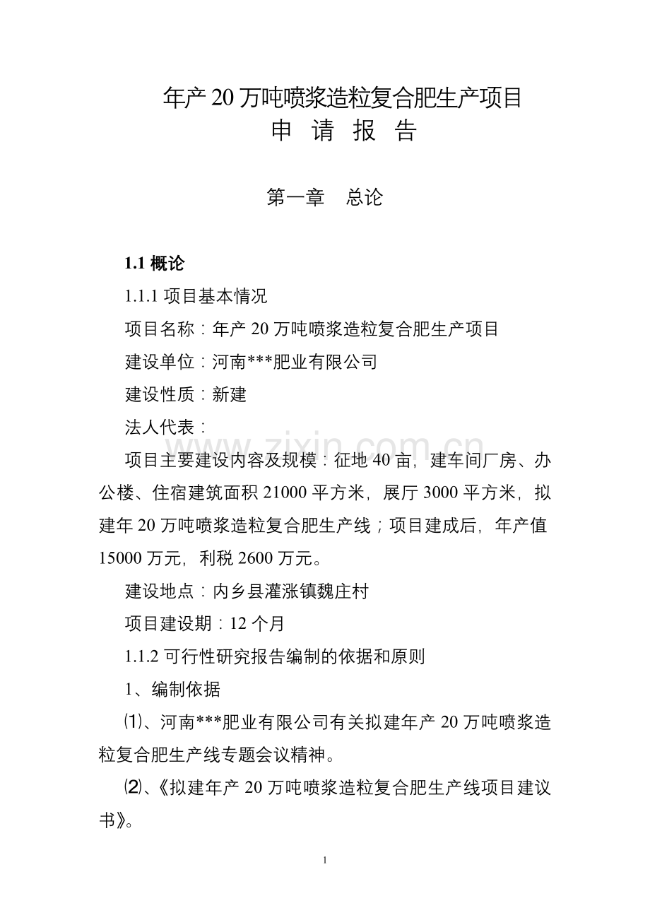 年产20万吨喷浆造粒复合肥生产项目建设可行性研究报告.doc_第1页