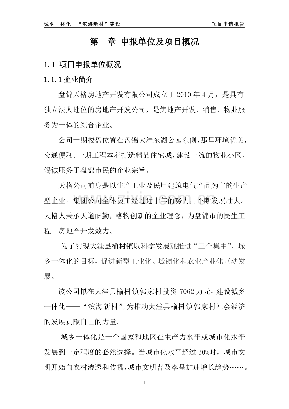 城乡一体化滨海新村项目项目可行性研究报告.doc_第1页