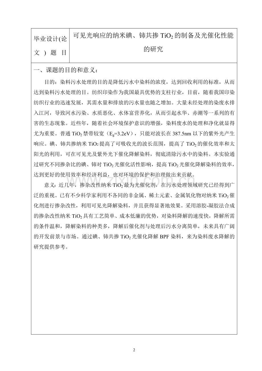 可见光响应的纳米碘、铈共掺TiO2的制备及光催化性能的研究毕业论文开题报告.doc_第2页