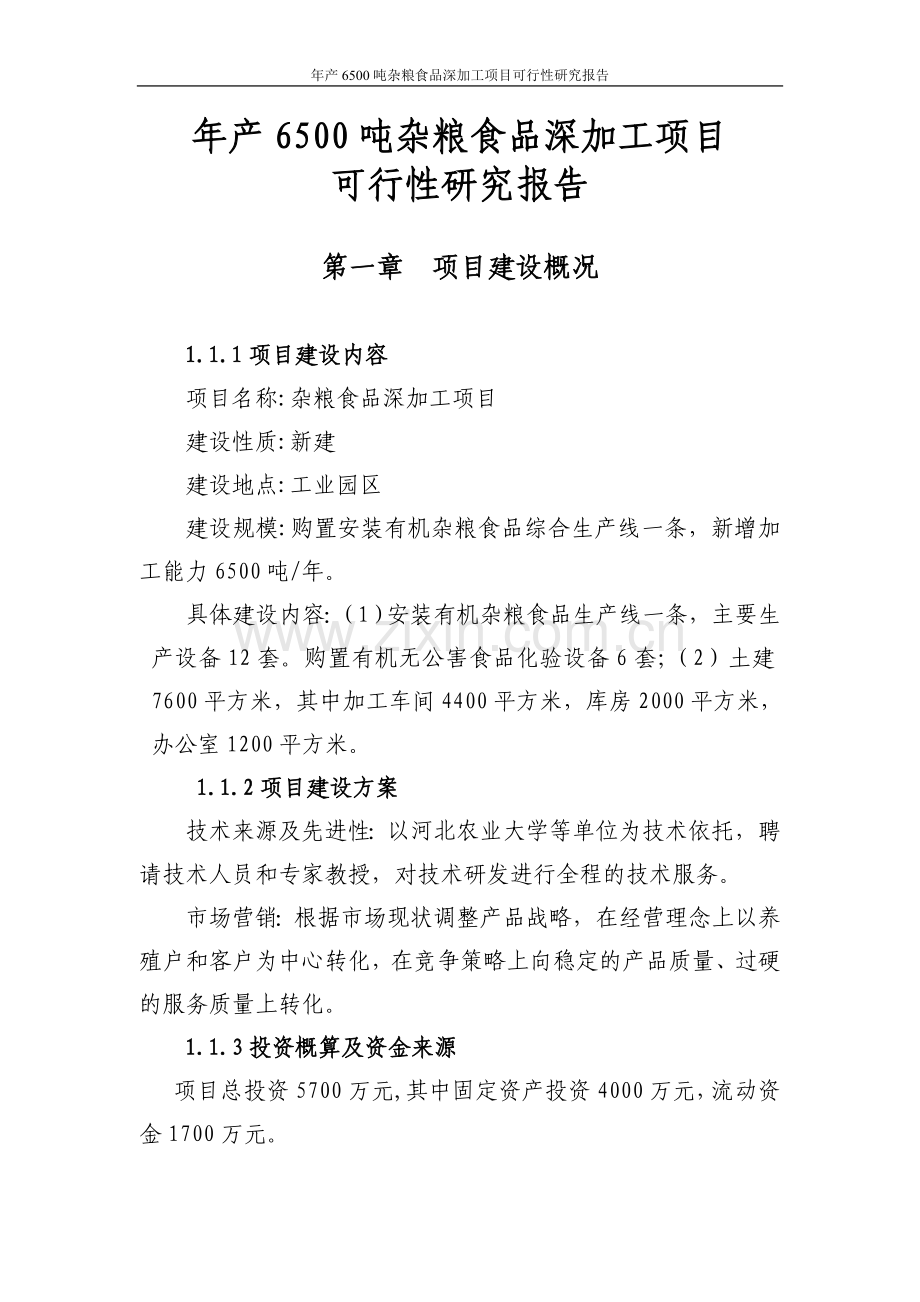 年产6500吨杂粮食品深加工项目可行性研究报告.doc_第1页