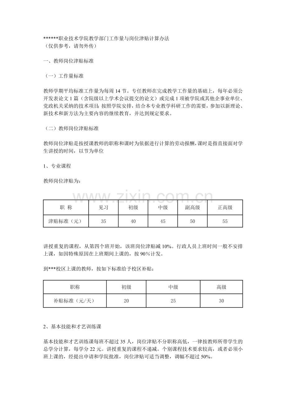 职业技术学院教学部门工作量与岗位津贴计算办法.doc_第1页