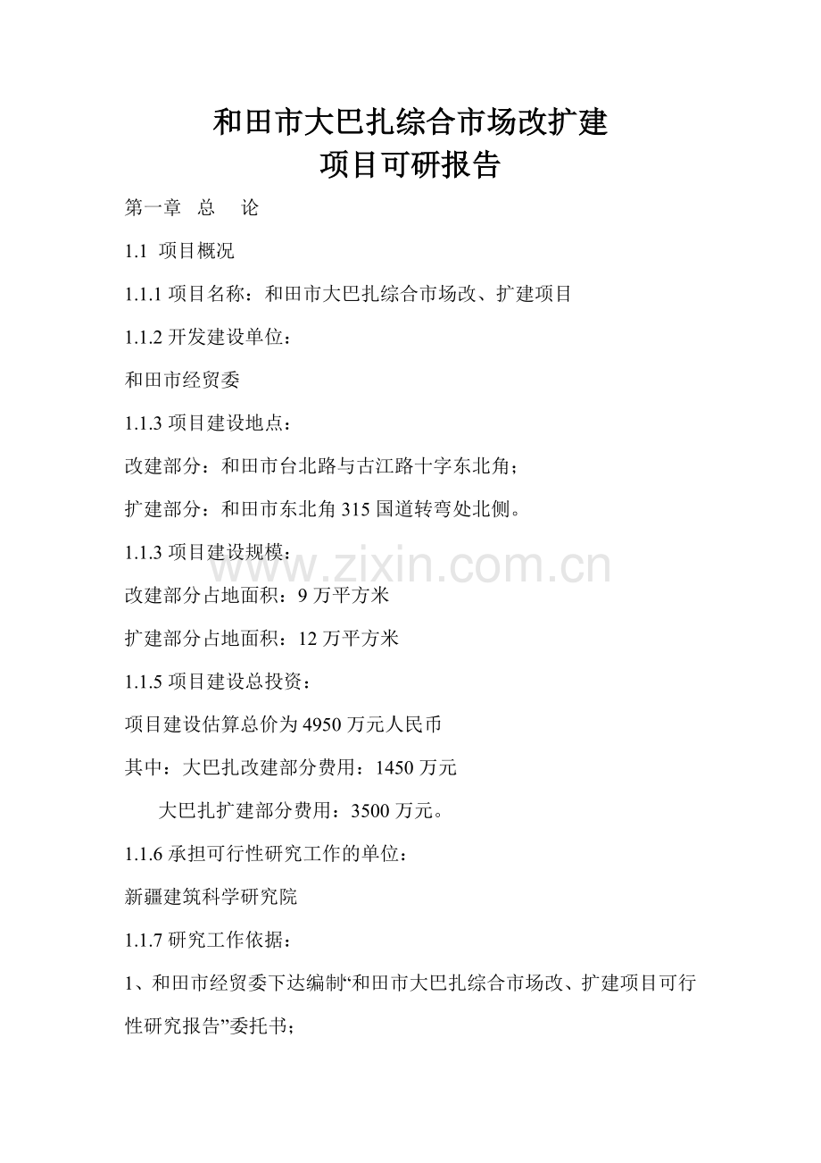 和田市大巴扎综合市场改扩建项目申请建设可行性分析报告.doc_第1页