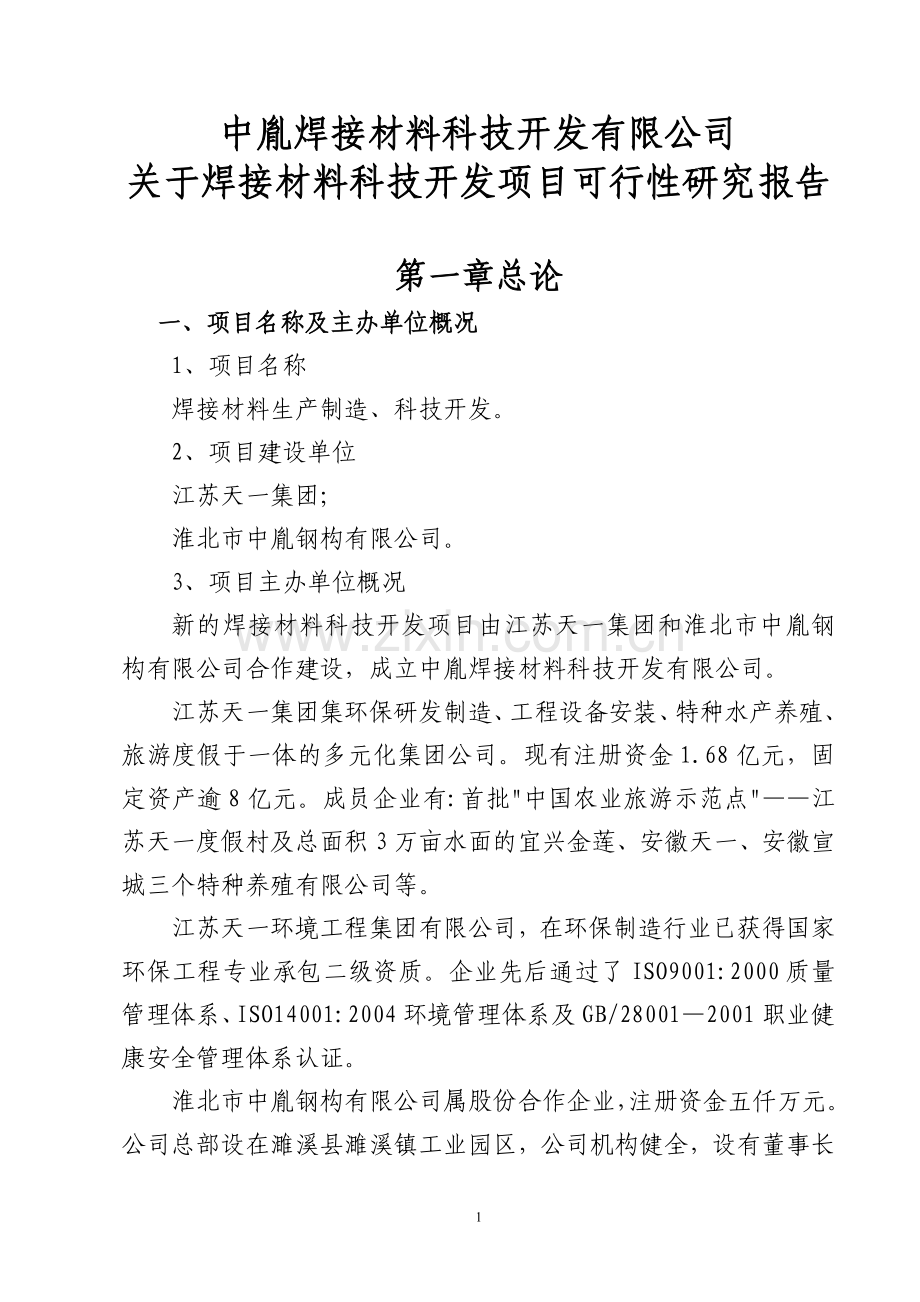 中胤焊接材料科技开发有限公司关于焊接材料科技开发项目投资可行性研究报告.doc_第1页