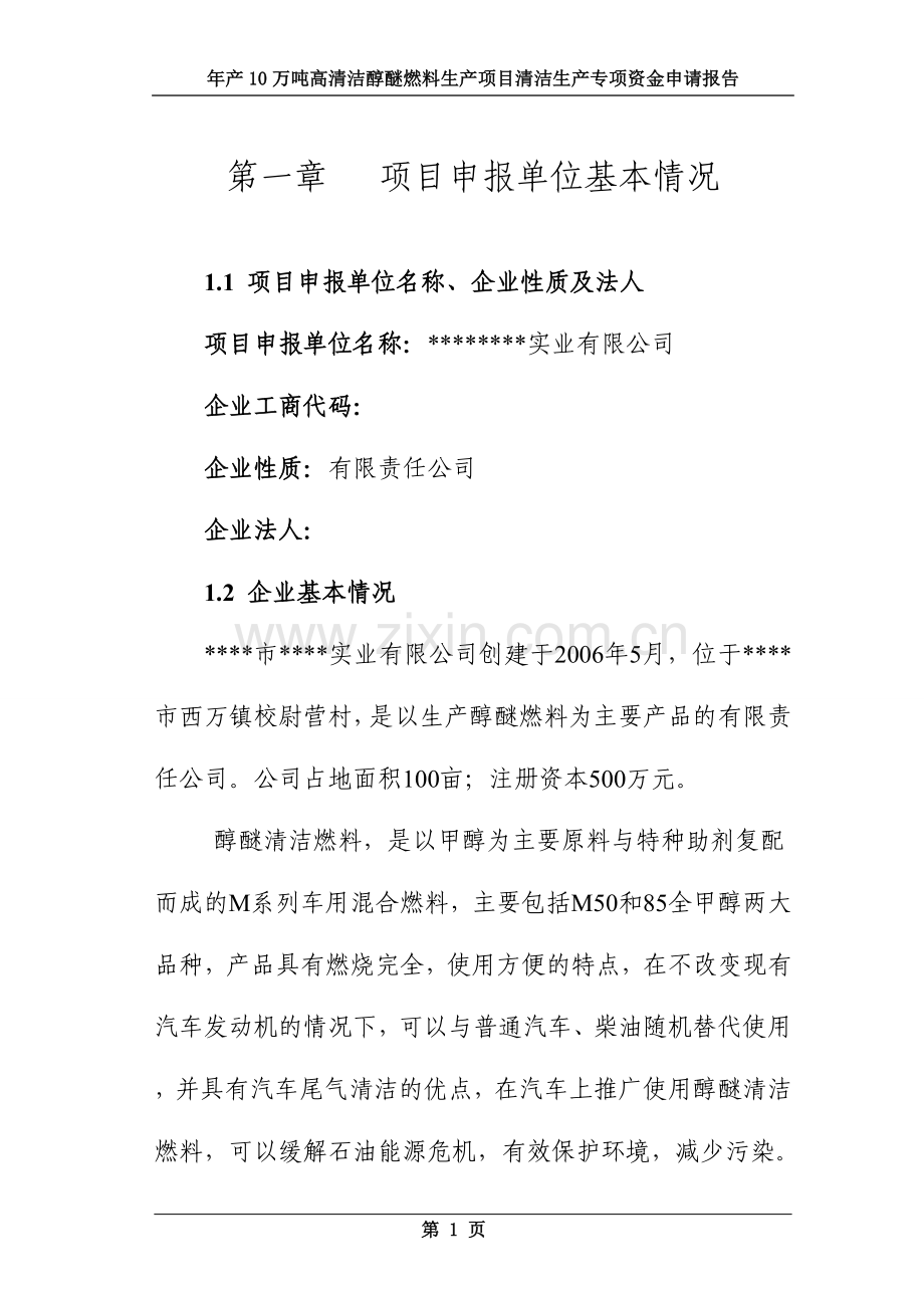 10万吨高清洁醇醚燃料生产清洁生产专项可研报告书.doc_第1页
