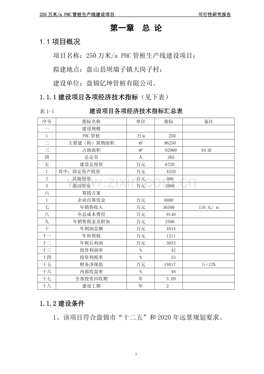 年产250万米PHC管桩生产线建设项目可研报告.doc_第1页