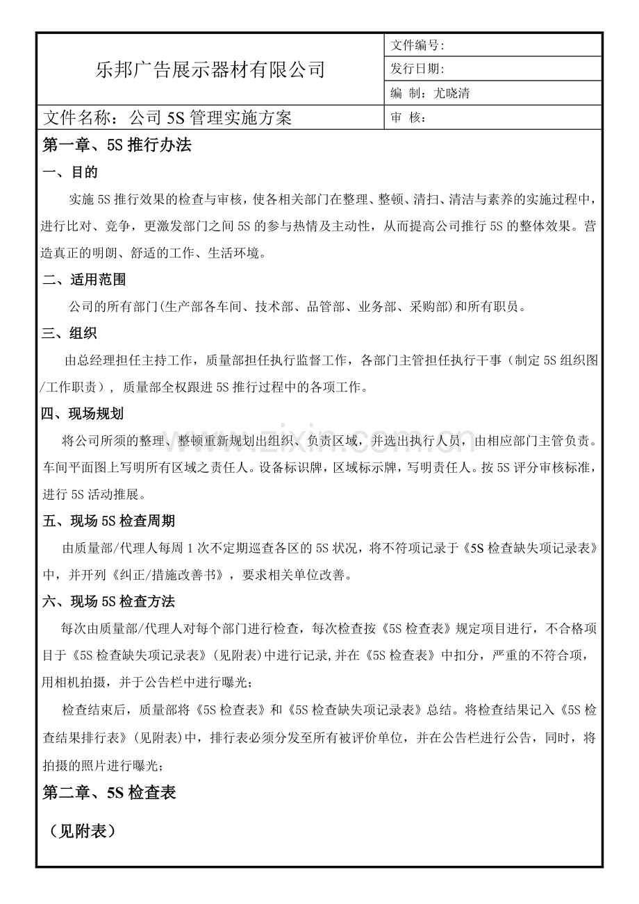 5S管理检查表以及奖惩制度.doc_第1页