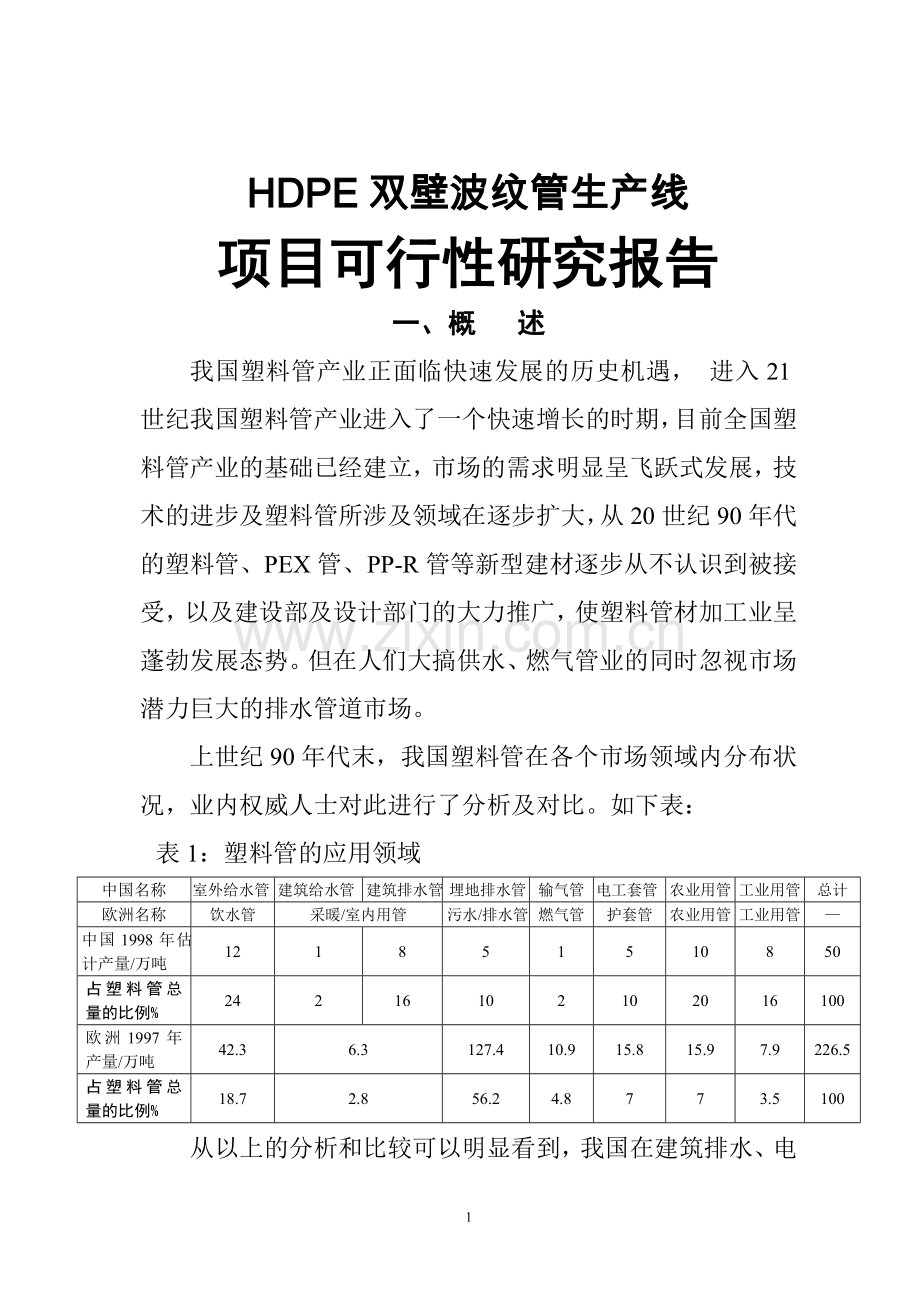 hdpe双壁波纹管生产线建设可行性研究报告.doc_第1页