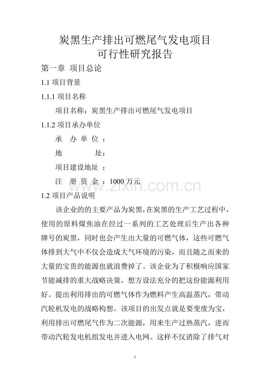 炭黑生产排出可燃尾气发电项目可行性建议书报告.doc_第1页