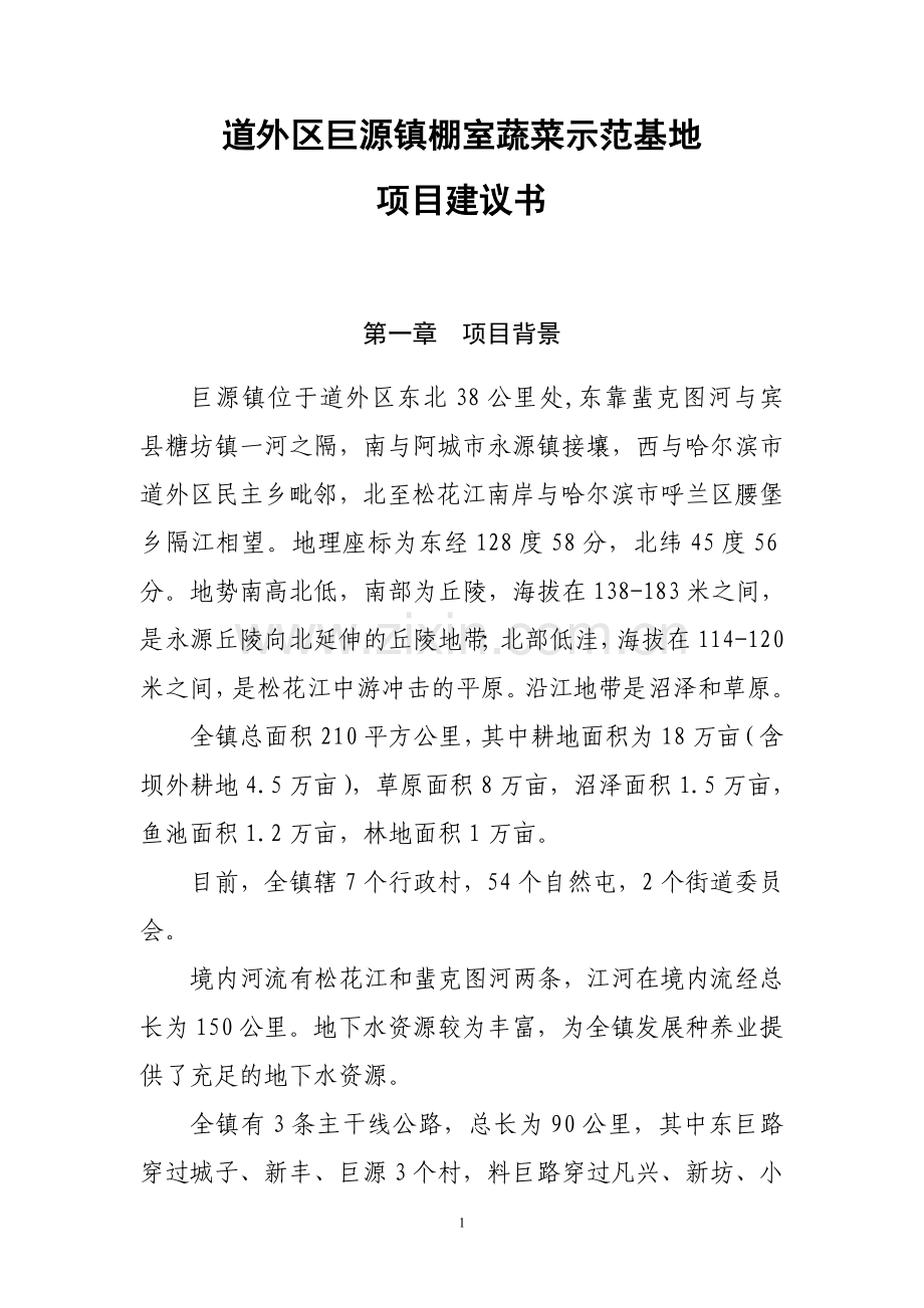 道外区巨源镇棚室蔬菜示范基地项目可行性研究报告.doc_第1页