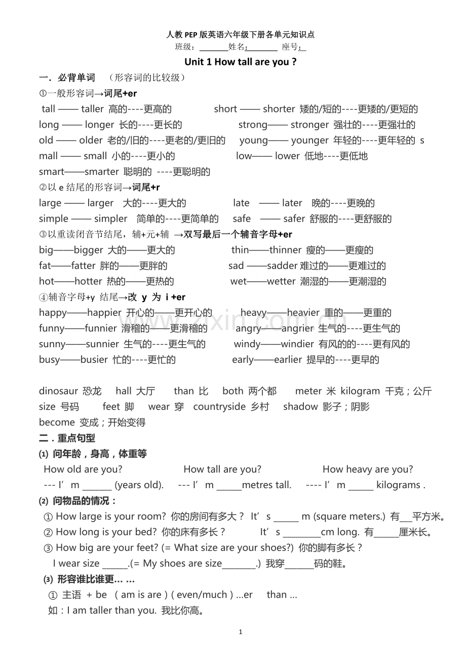 新人教版(PEP)小学英语六年级下册各单元知识点总结.doc_第1页