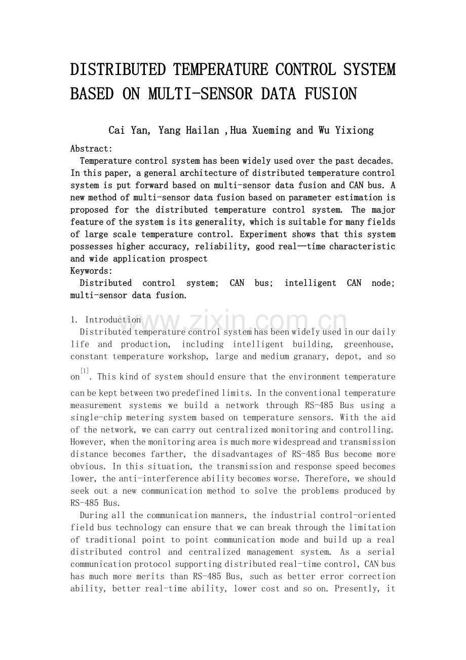 基于多数据融合传感器的分布式温度控制系统中英文对照.doc_第1页