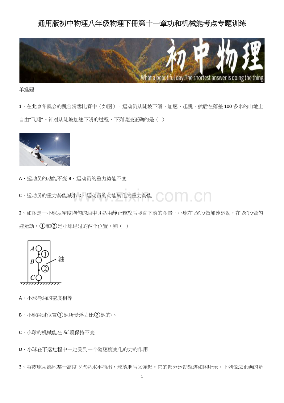 通用版初中物理八年级物理下册第十一章功和机械能考点专题训练.docx_第1页