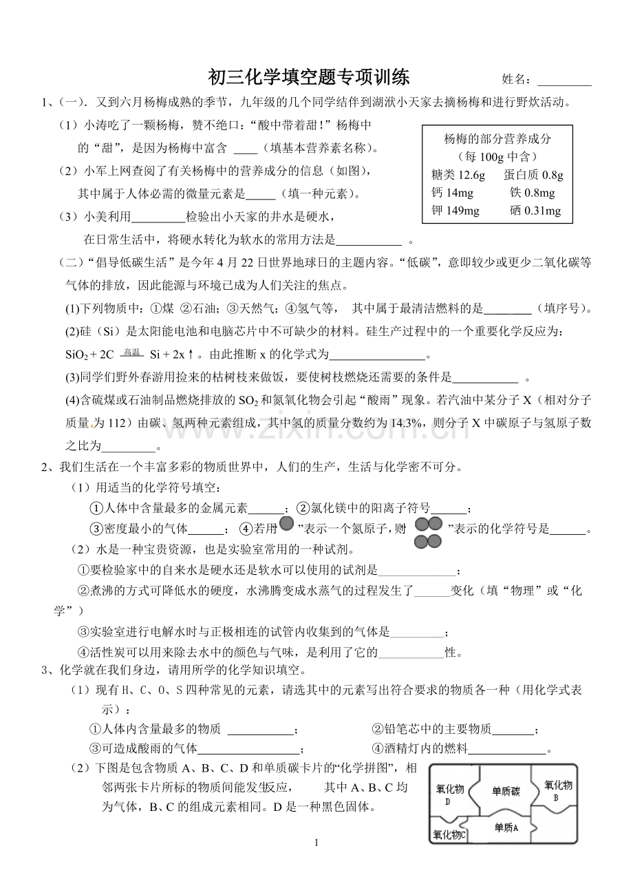 初三化学填空题专项训练.doc_第1页
