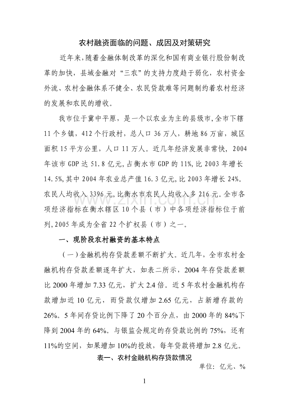 农村融资面临的问题、成因及对策研究.doc_第1页