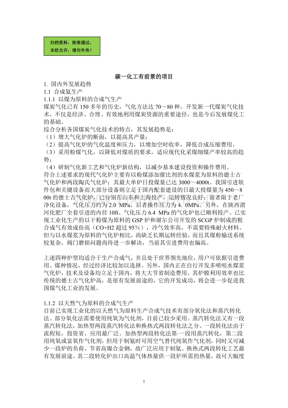 碳一化工有前景的项目申请立项可研报告.doc_第1页