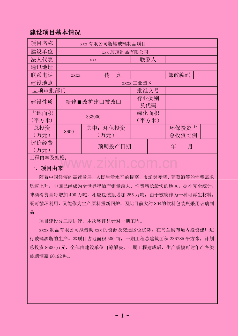 xxx有限公司瓶罐玻璃制品项目申请立项环境评估报告.doc_第1页