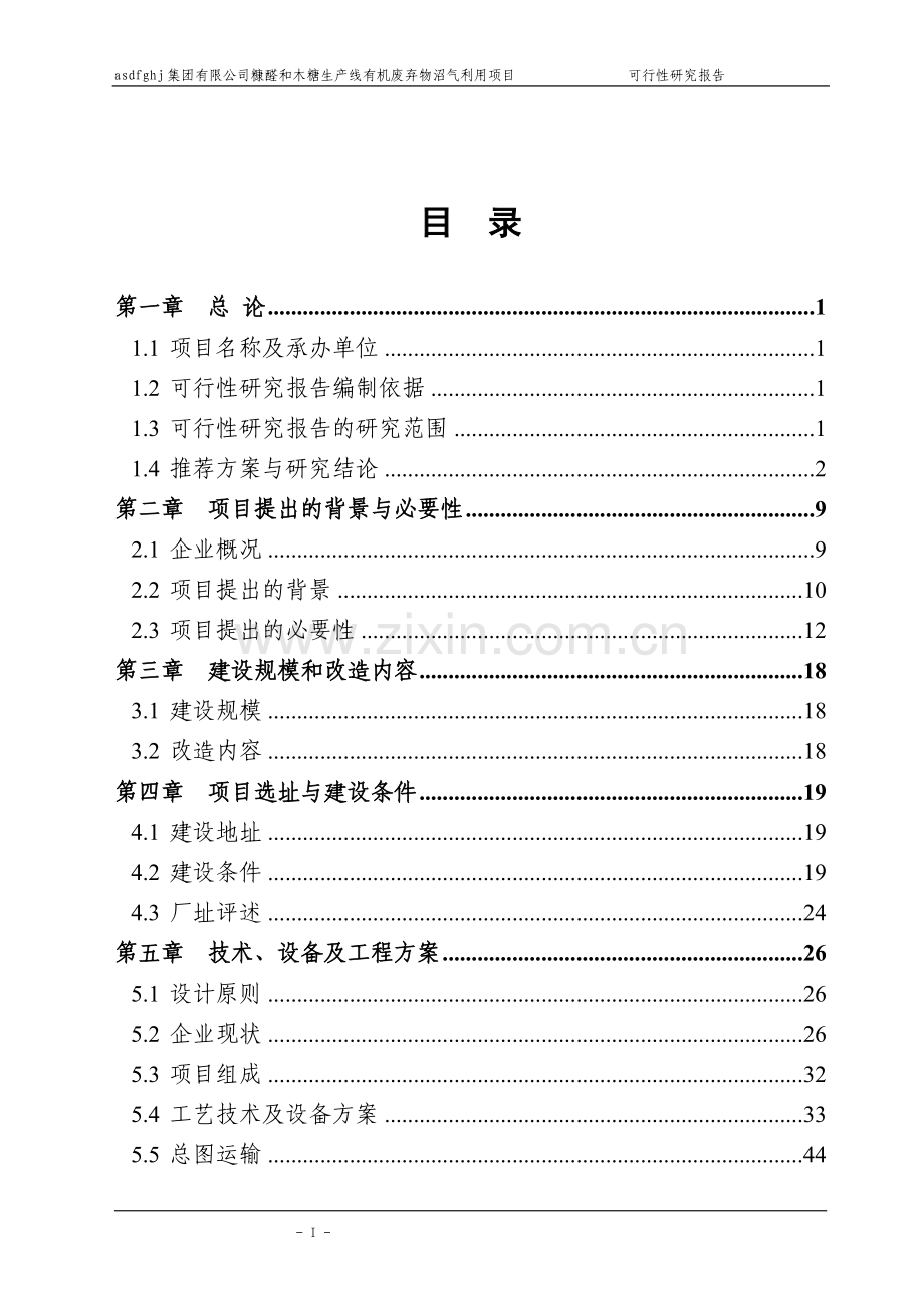 糠醛和木糖生产线有机废弃物沼气利用项目可行性研究报告.doc_第1页