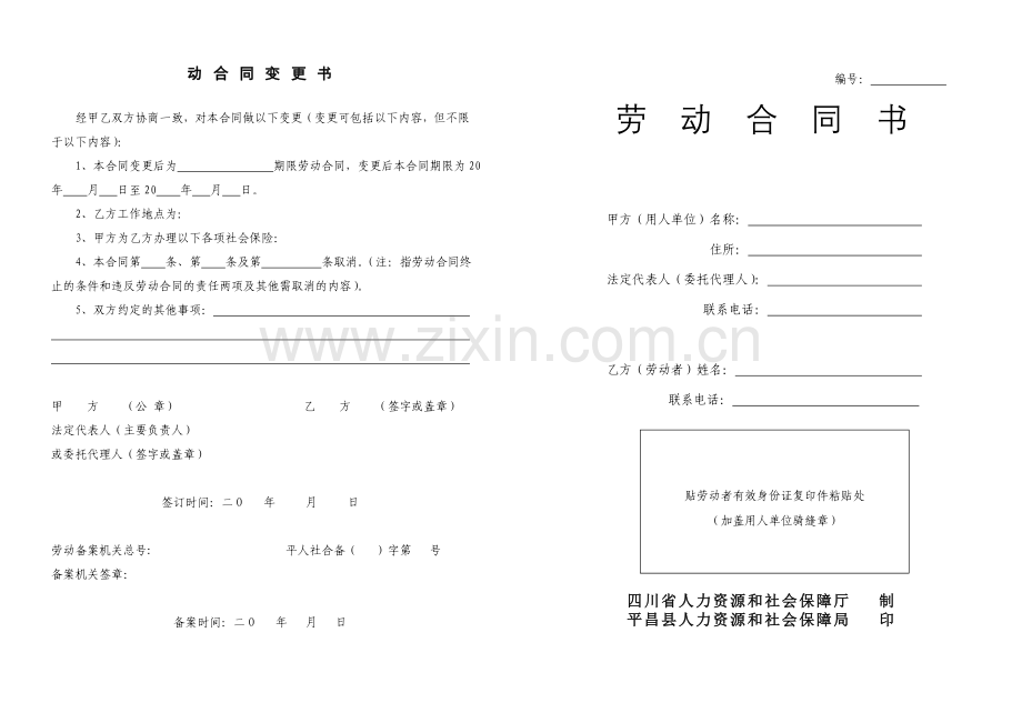 四川省人力资源和社会保障厅、平昌县人力资源和社会保障局印制《劳动合同书》.doc_第1页
