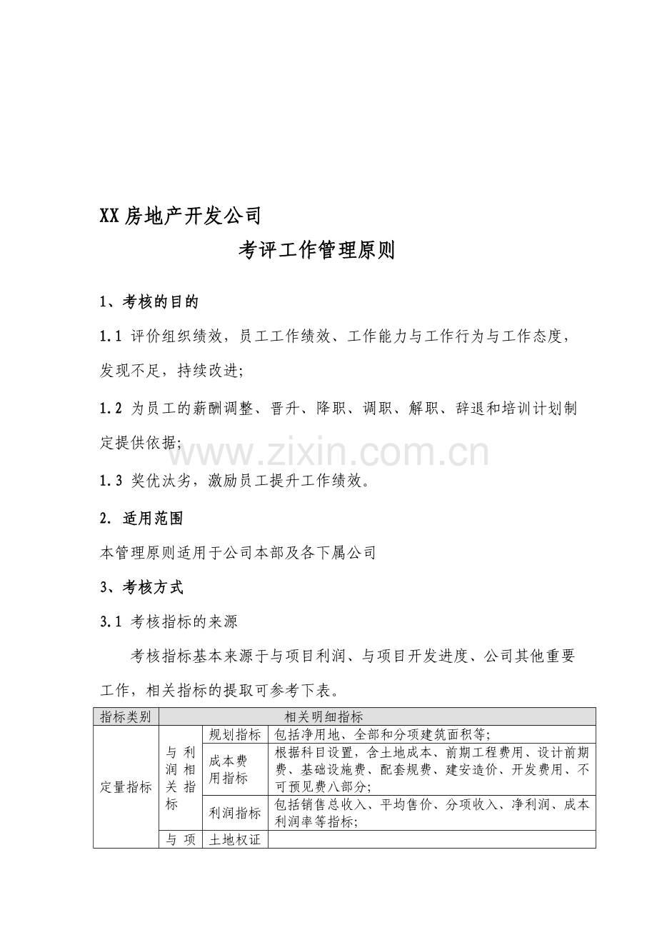 XX房地产开发公司考评工作管理原则.doc_第1页