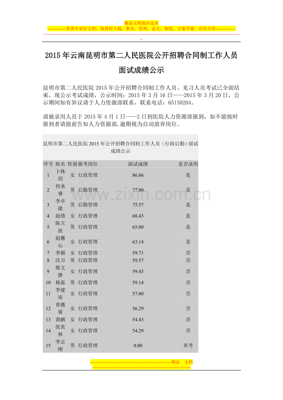 2015年云南昆明市第二人民医院公开招聘合同制工作人员面试成绩公示.doc_第1页
