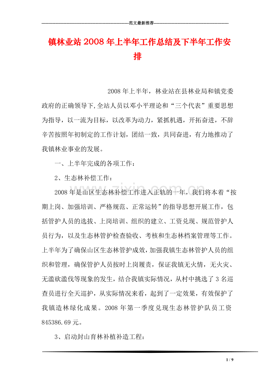 镇林业站2008年上半年工作总结及下半年工作安排.doc_第1页