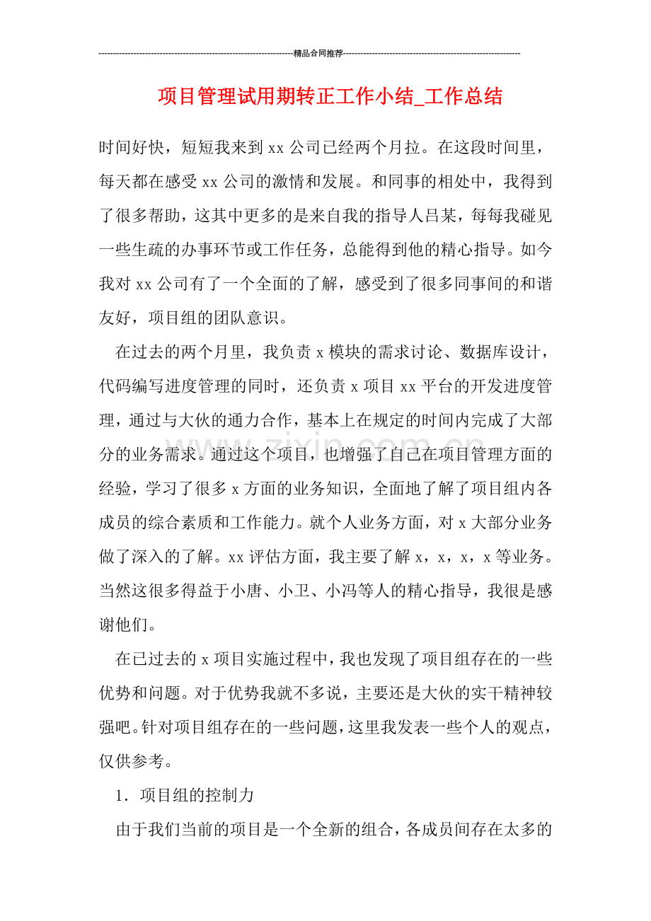 项目管理试用期转正工作小结-工作总结.doc_第1页