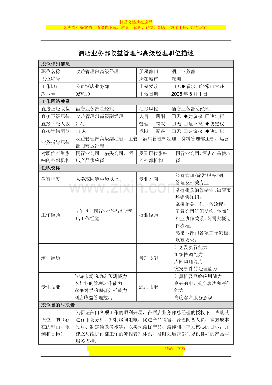 酒店业务部收益管理部高级经理职位描述.doc_第1页