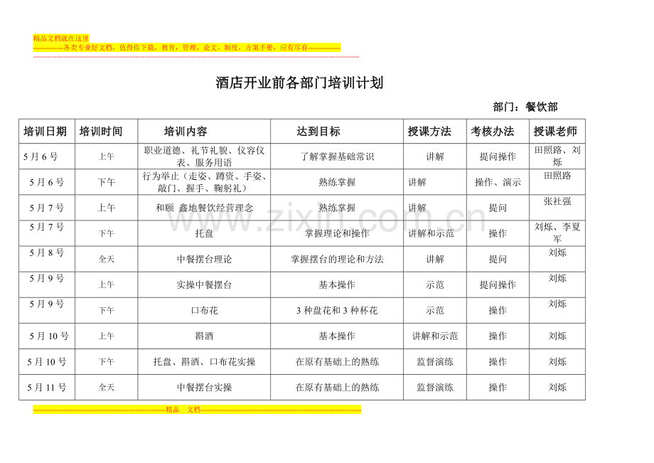 酒店开业前各部门培训计划1.doc_第1页