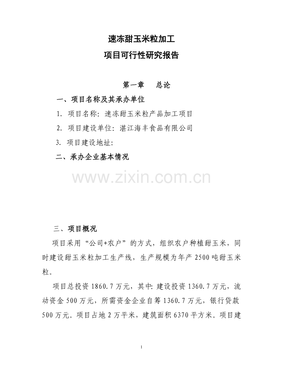 速冻甜玉米粒产品项目建设可研报告.doc_第1页