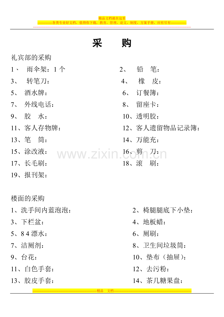 酒店开业前的计划和步骤酒楼开业物品采购.doc_第1页