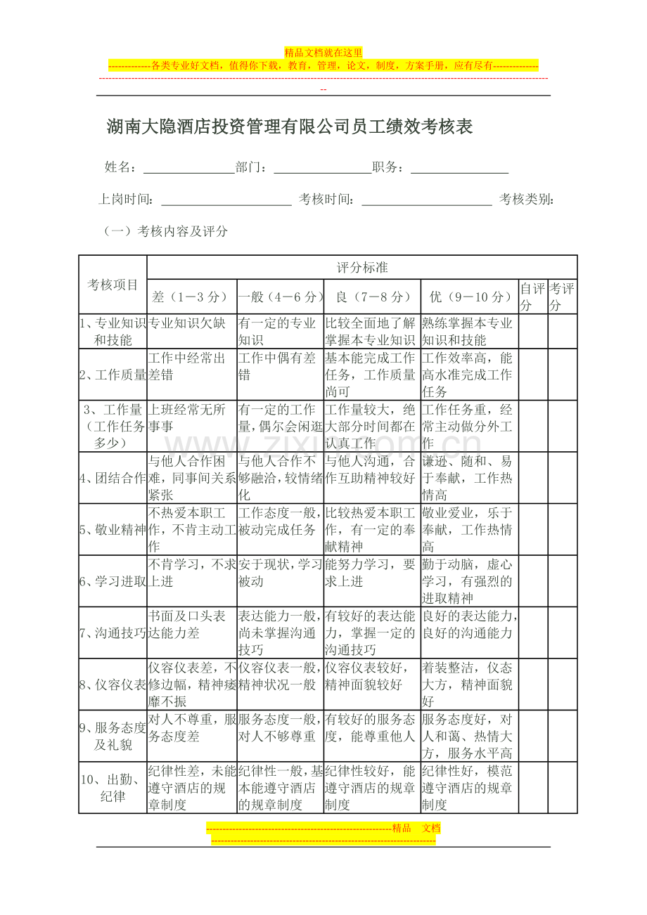 酒店员工考评表(普通员工).doc_第1页