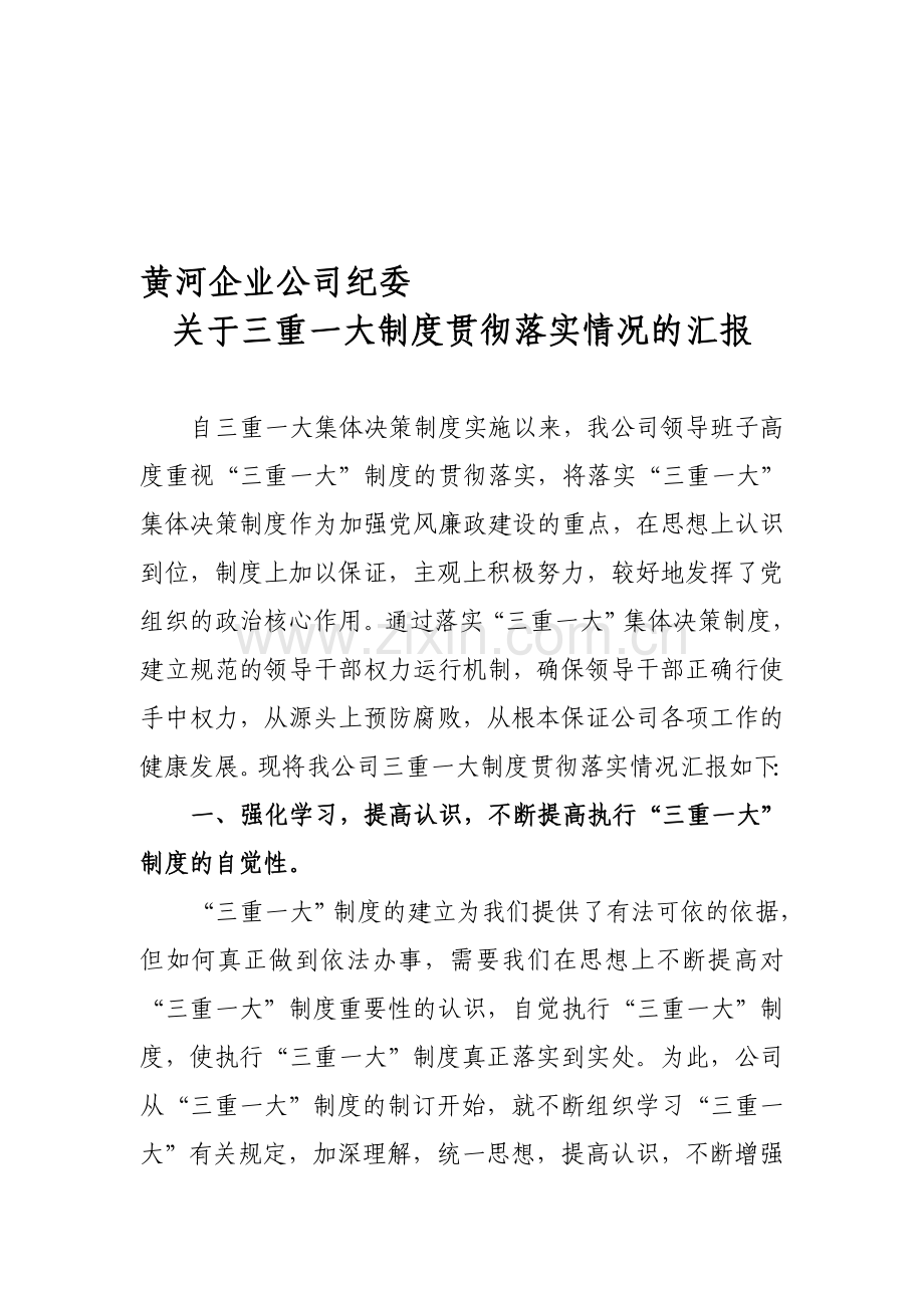 三重一大制度贯彻落实情况的汇报.doc_第1页
