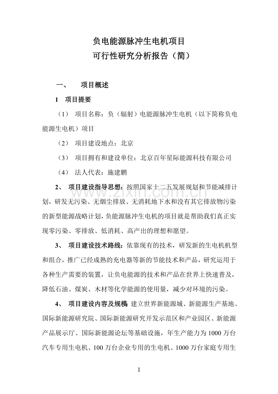 负电能源脉冲生电机项目建设申请建设可研报告.doc_第1页