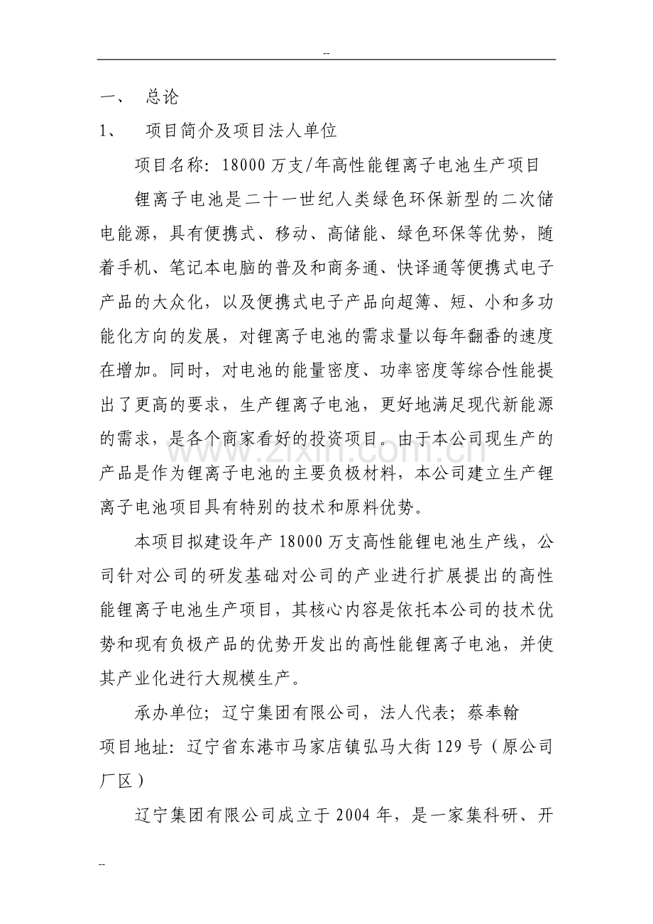 年产18000万支高性能锂离子电池产项目建设可行性研究报告.doc_第1页