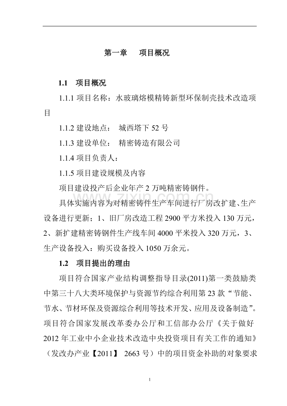水玻璃熔模精铸新型环保制壳技术改造项目可行性研究报告.doc_第1页