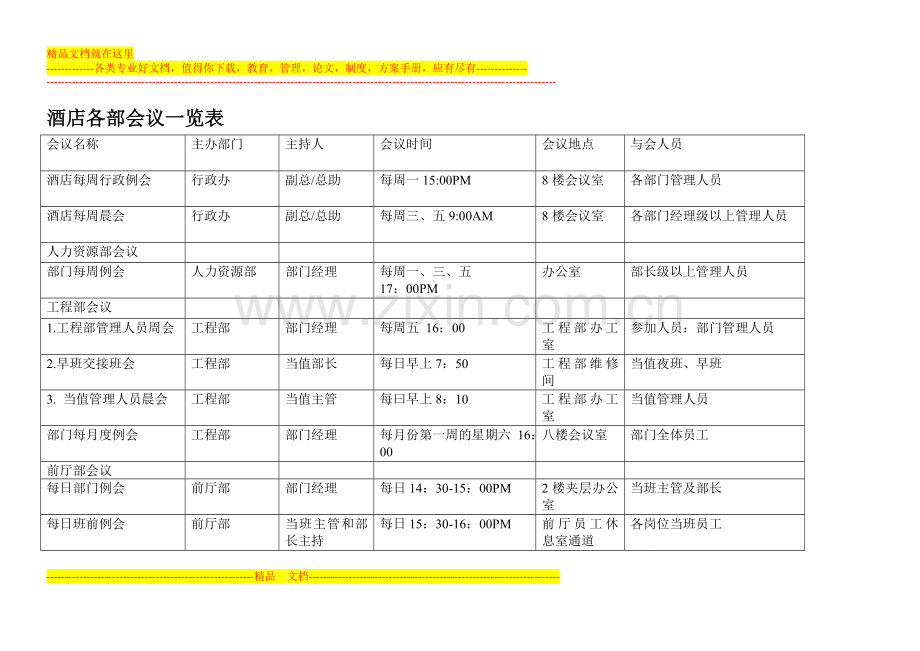 酒店各部门会议一览表.doc_第1页