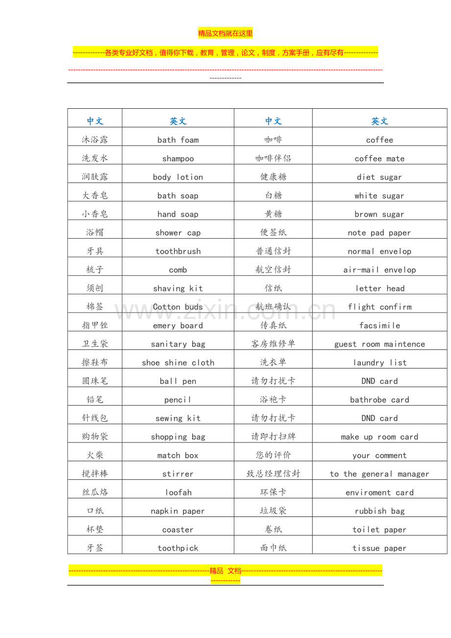 酒店常用物品中英文互译.docx_第1页