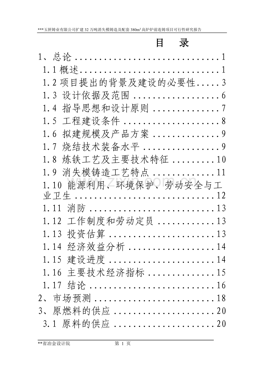 扩建32万吨消失模铸造及配套380立方米高炉炉前铸造项目可行性研究报告.doc_第1页