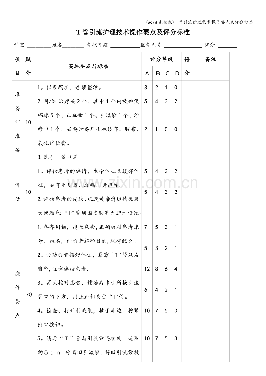 T管引流护理技术操作要点及评分.doc_第1页