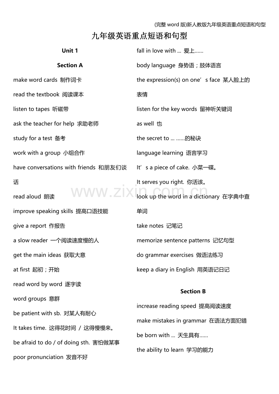 新人教版九年级英语重点短语和句型.doc_第1页