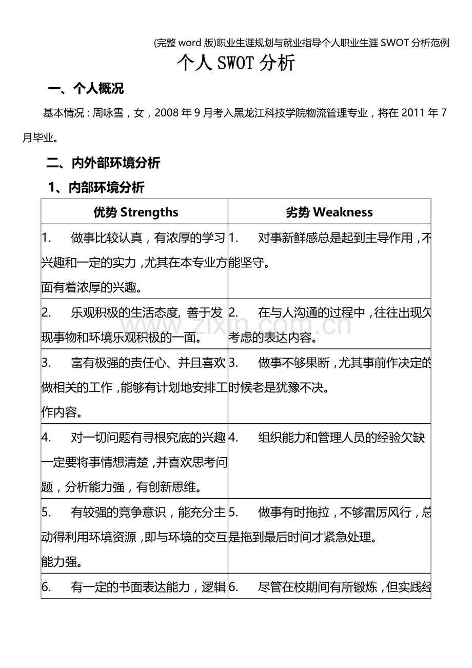 职业生涯规划与就业指导个人职业生涯SWOT分析范例.doc_第1页