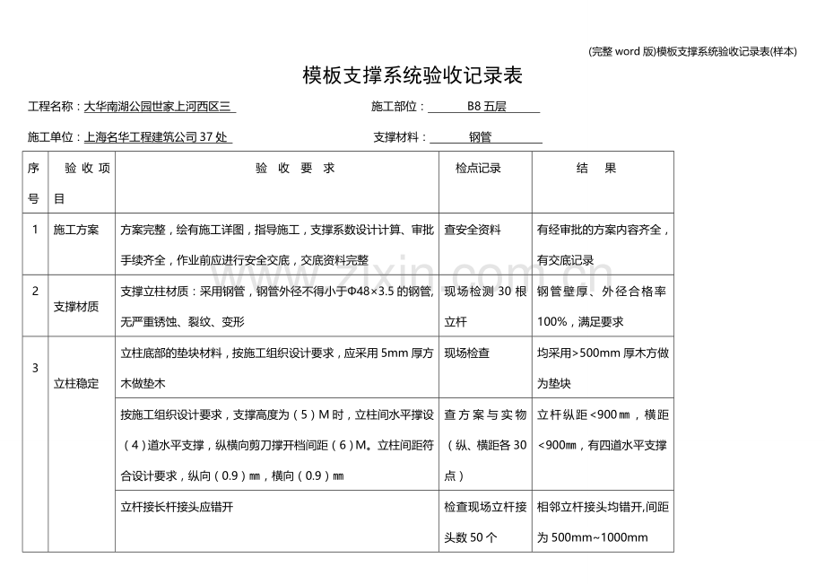 模板支撑系统验收记录表(样本).doc_第1页
