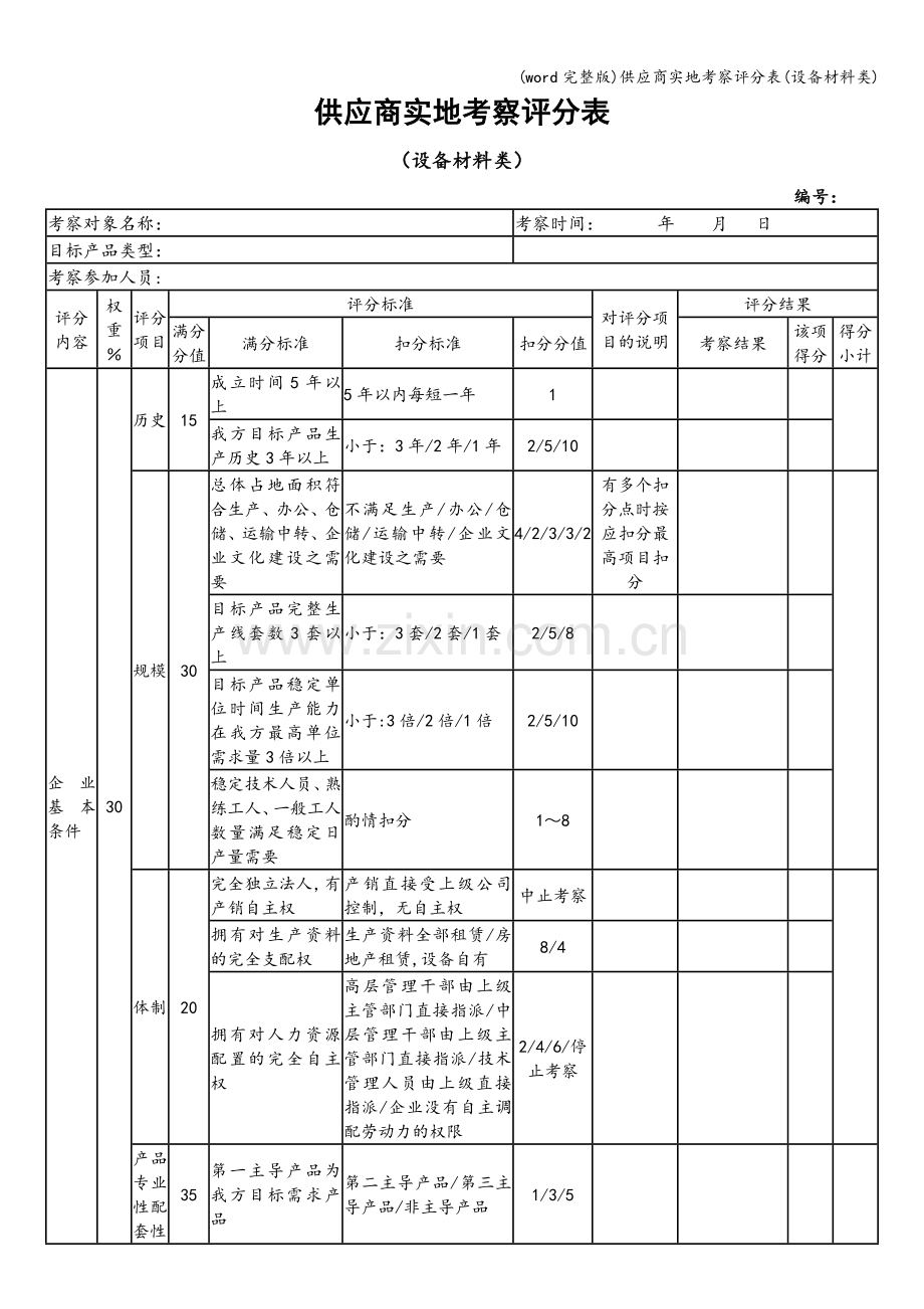 供应商实地考察评分表(设备材料类).doc_第1页