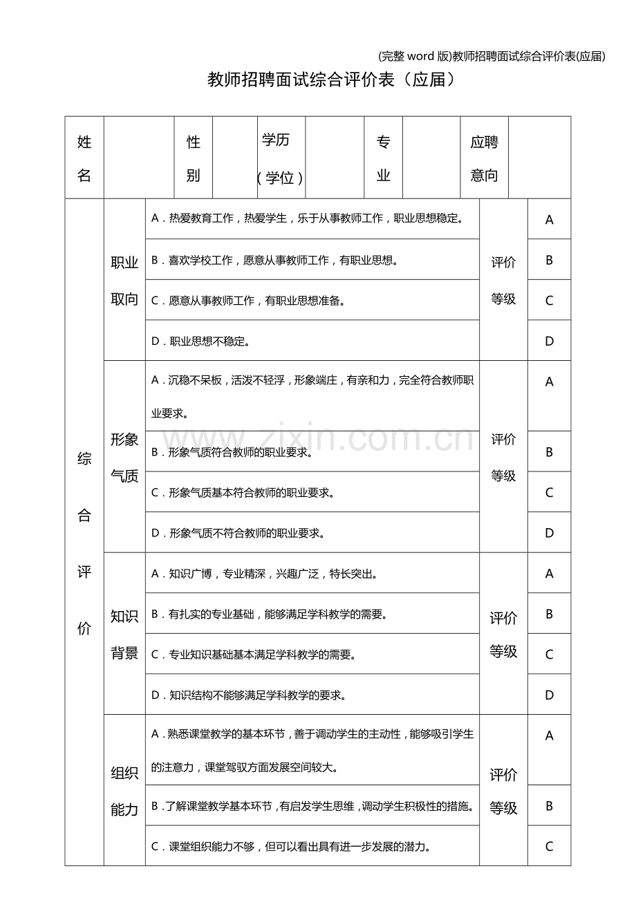 教师招聘面试综合评价表(应届).doc_第1页