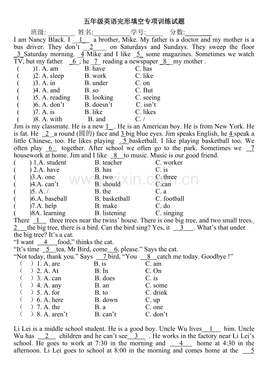 五年级英语完形填空专项训练A.pdf_第1页