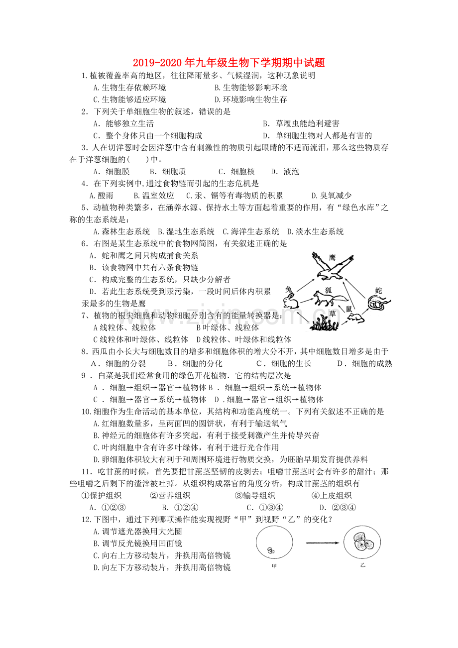 2019-2020年九年级生物下学期期中试题.doc_第1页