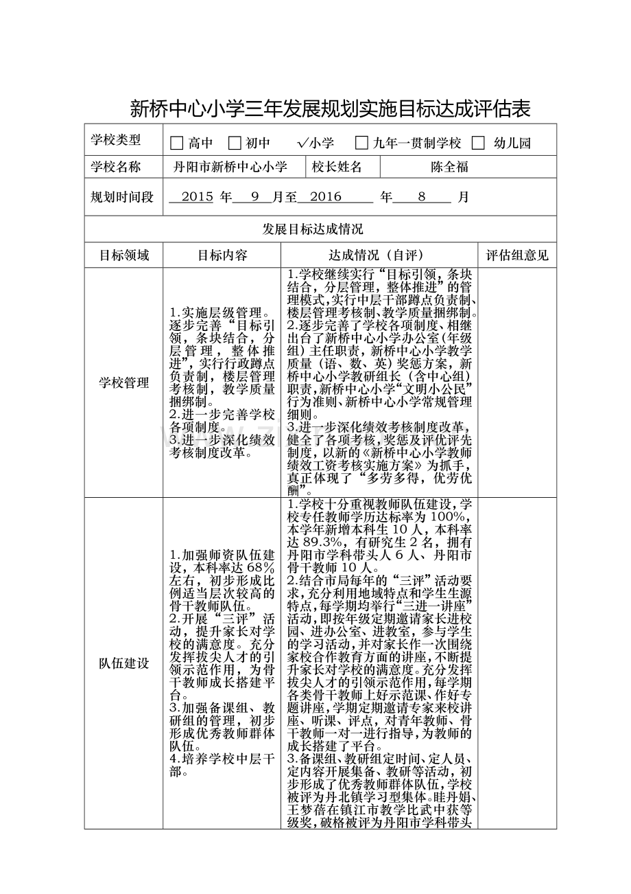 新桥中心小学学校三年发展规划实施目标达成评估表.doc_第1页